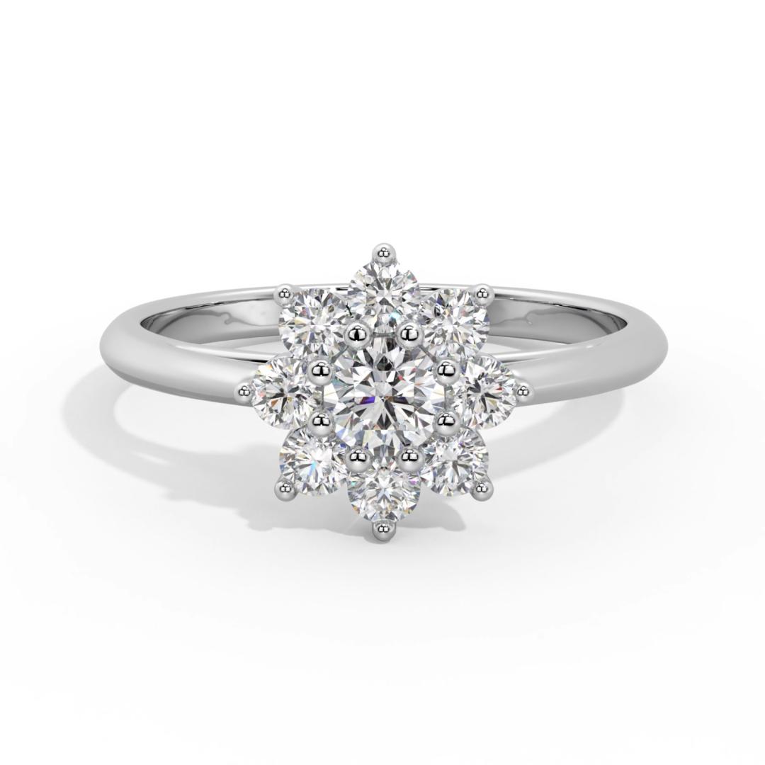 Bague en argent avec un motif floral de diamants brillants, présentant un design central en forme de fleur composé de plusieurs diamants ronds entourés de petits diamants scintillants, parfaite pour des fiançailles ou un cadeau spécial, modèle élégant et moderne.