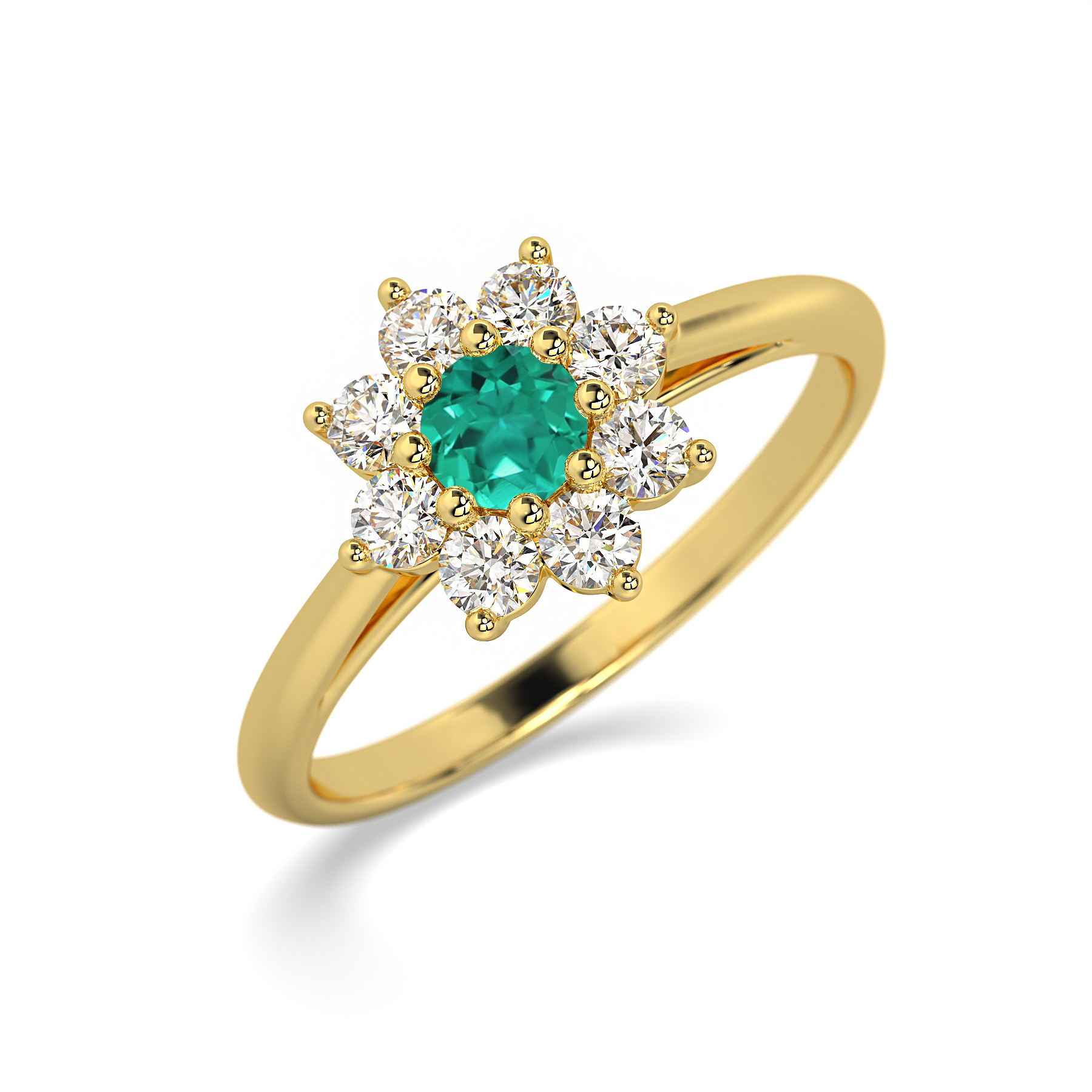 Bague en or avec un design élégant, ornée d'une pierre précieuse centrale en émeraude verte entourée de diamants brillants en forme de fleur, parfaite pour les fiançailles ou les occasions spéciales. Modèle classique + diamant.