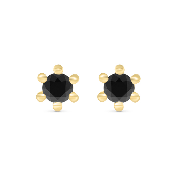 Boucles d'oreilles élégantes en or jaune avec des pierres noires facettées en forme de fleur, chaque pierre entourée de petites perles dorées, parfaites pour ajouter une touche chic et moderne à toute tenue.