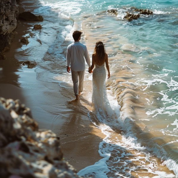 Un couple marchant main dans la main sur une plage idyllique, les vagues de l'océan caressant le rivage. La mariée porte une robe de mariée élégante ornée de détails délicats, tandis que le marié est vêtu d'une chemise blanche et de pantalons légers. En arrière-plan, de belles formations rocheuses ajoutent du caractère à ce paysage romantique. Scène parfaite pour une séance photo de mariage au bord de la mer avec un éclairage naturel.