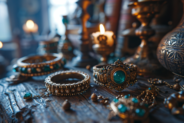 Collection de bijoux anciens en métal doré ornés de pierres précieuses vertes, incluant des bracelets et un diadème, sur une table en bois rustique. Ambiance chaude et intime, avec des lumières tamisées provenant de bougies et des objets vintage en arrière-plan, créant une atmosphère mystique.