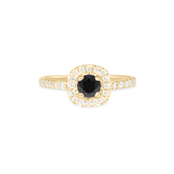 Bague en or jaune avec un diamant noir central, entouré de diamants brillants, modèle élégant et raffiné, parfaite pour des occasions spéciales ou comme bague de fiançailles. Design intemporel avec un éclat captivant.